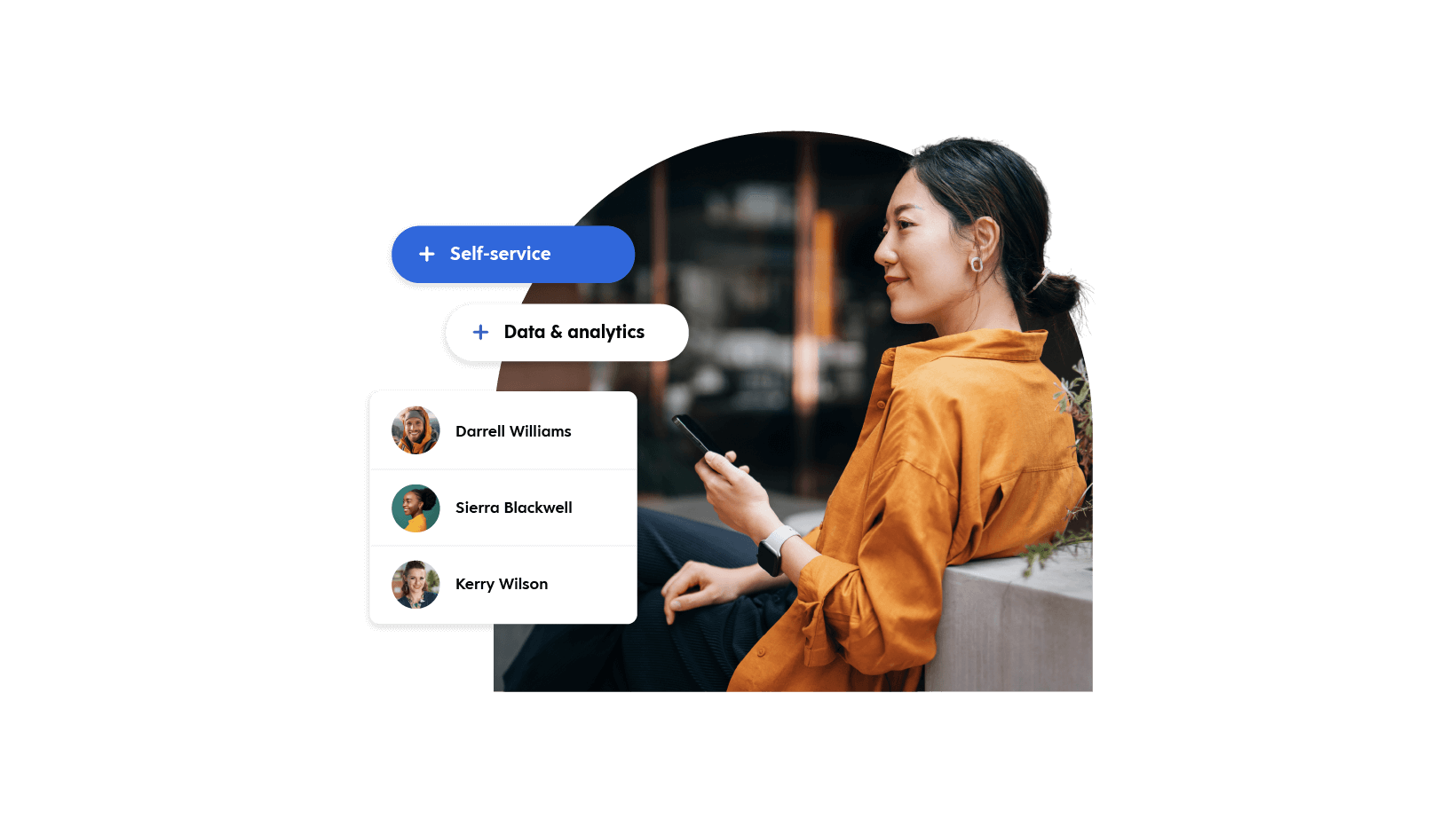 A young woman in yellow shirt gazing sideways with a mobile in hand and labeled text