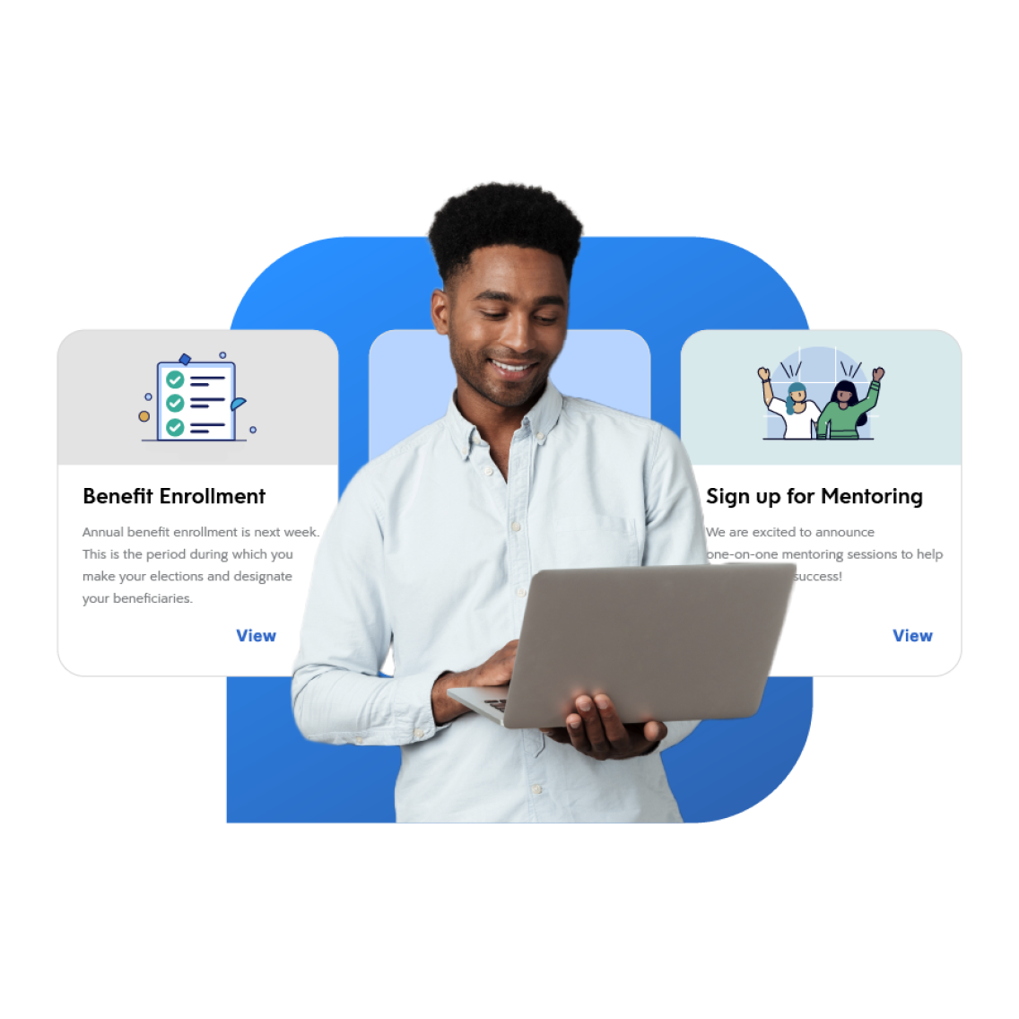 A man holding laptop in hand with a smiling face and labeled text