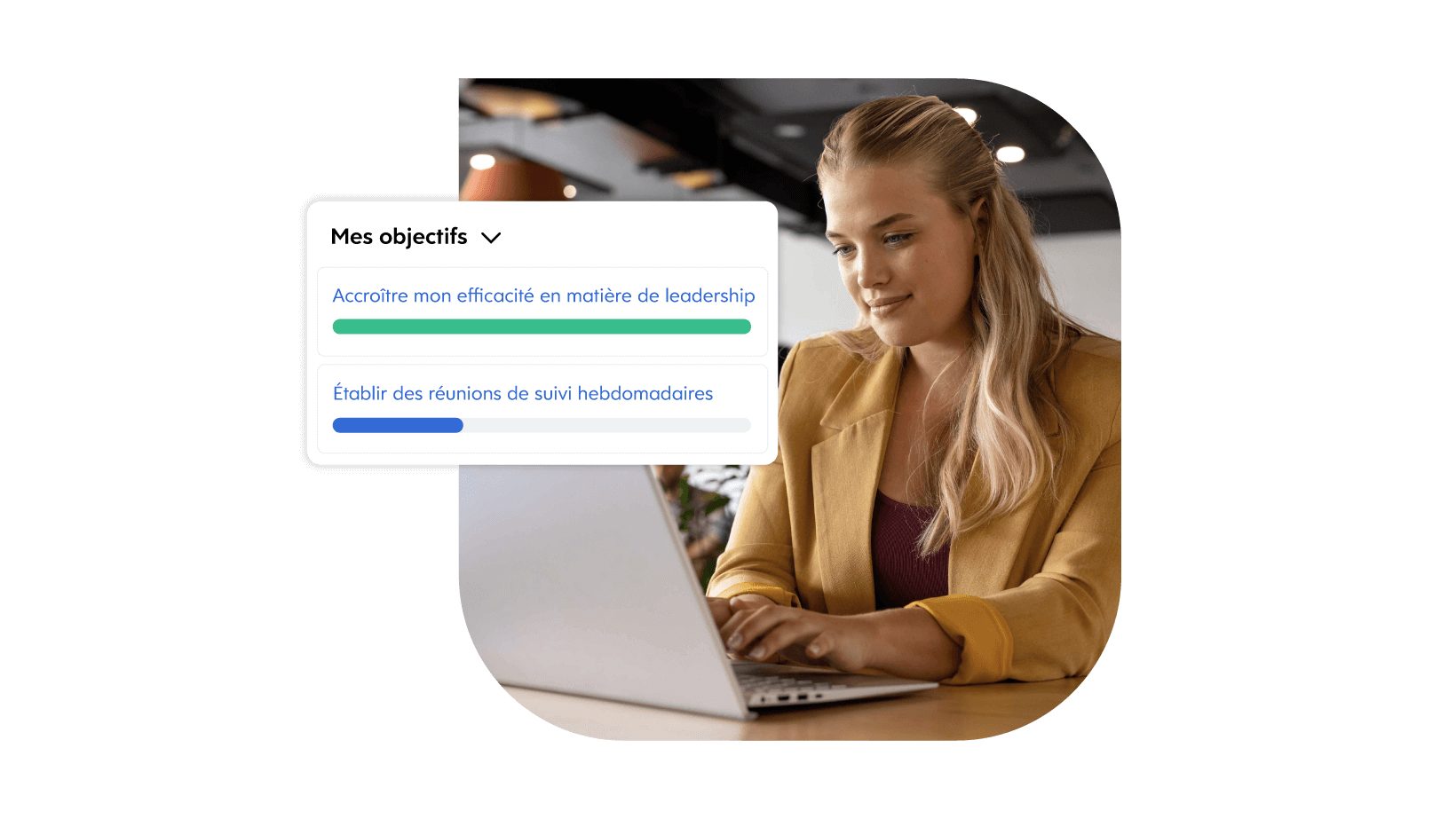 An office employee working on a laptop and a labeled text in French 