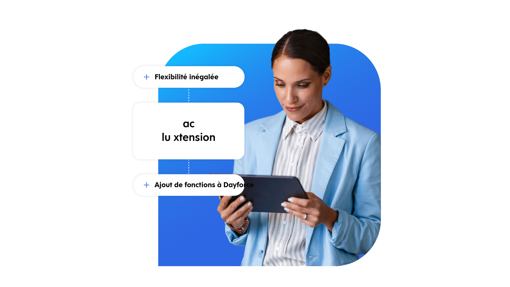 A well suited woman with a tablet and a labeled text 