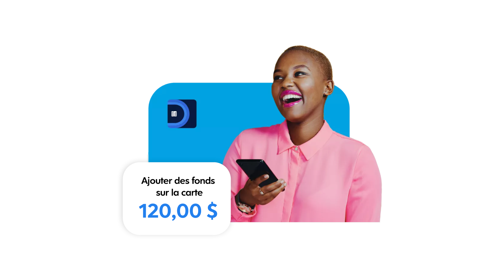 A woman with smiling happy face holding a phone and Dayforce Wallet app icon with label 