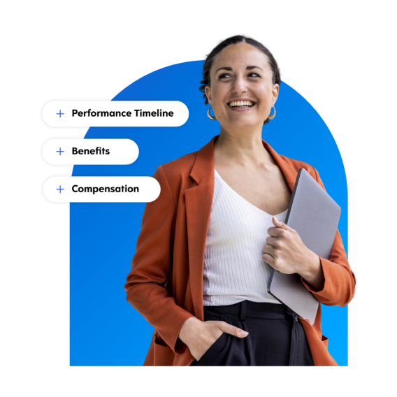 A well dressed woman holding laptop with the smile on her face and labeled text